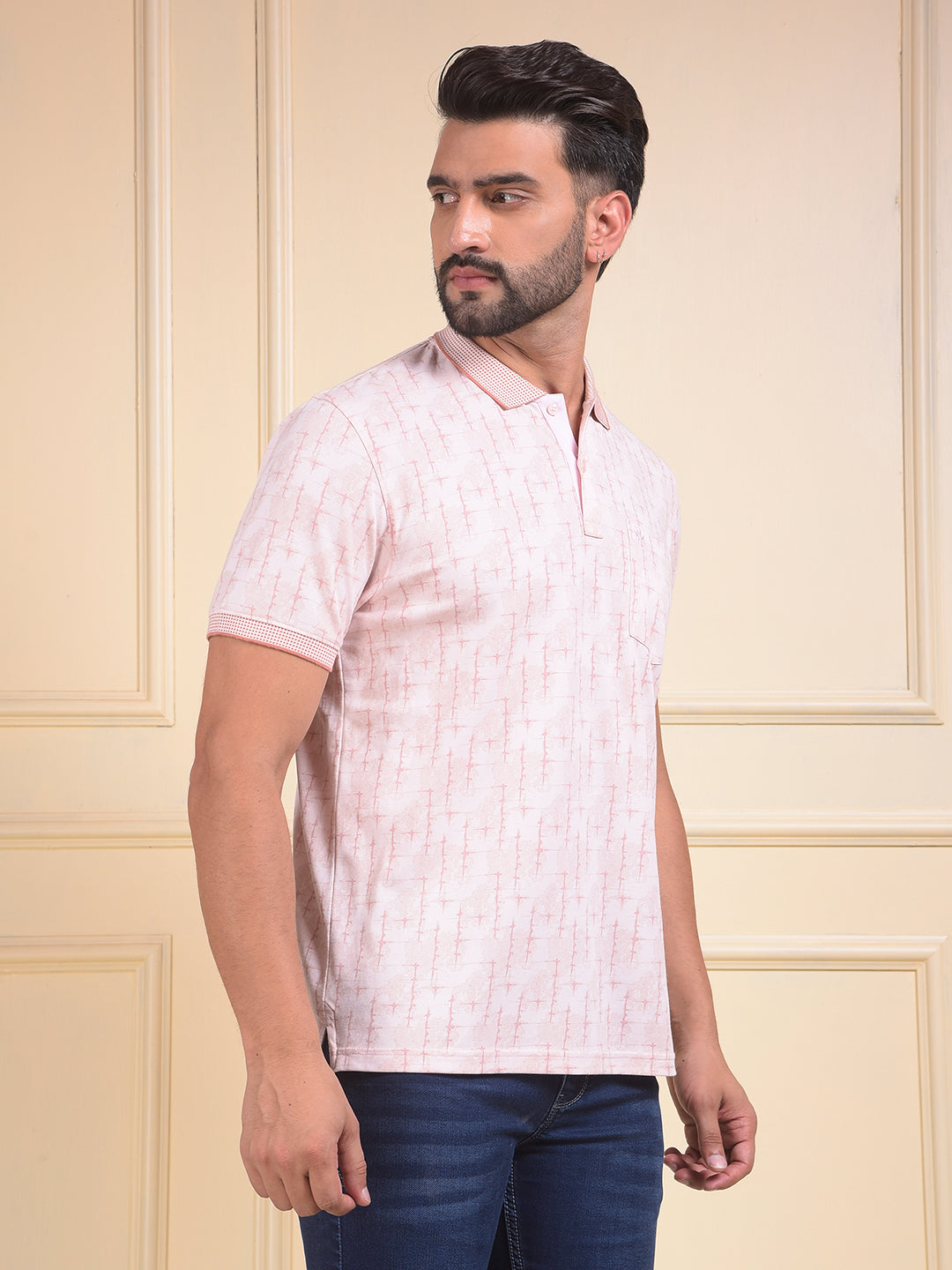 Pink Printed Polo Neck T-Shirt