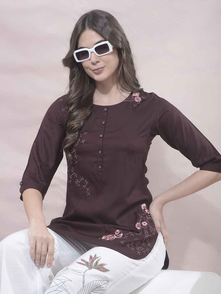 Wine Floral Embroidered Top