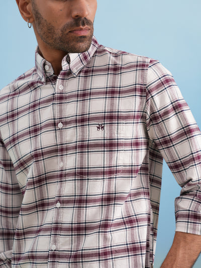 Maroon Checked 100% Cotton Button-Down Collar Shirt