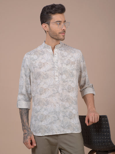 Grey Floral Print Linen Kurta