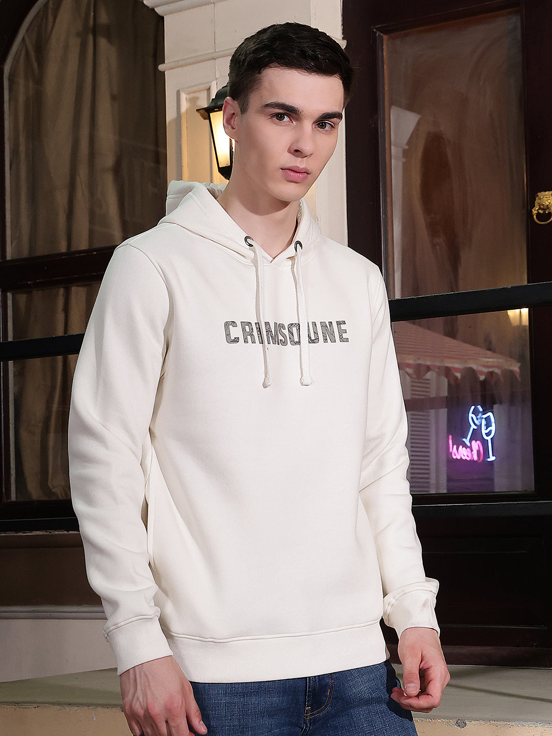 Off White Typographic Print Hooded Neck Sweatshirt