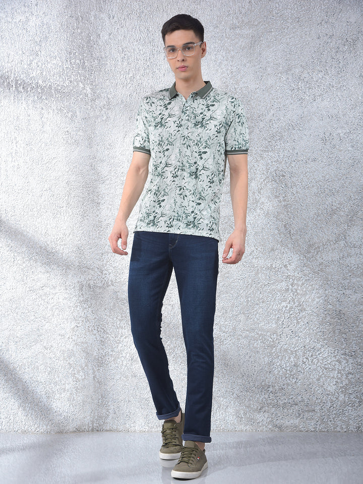 Olive Floral Print Polo-Neck T-Shirt