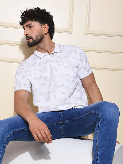 Beige Printed Polo-Neck T-Shirt