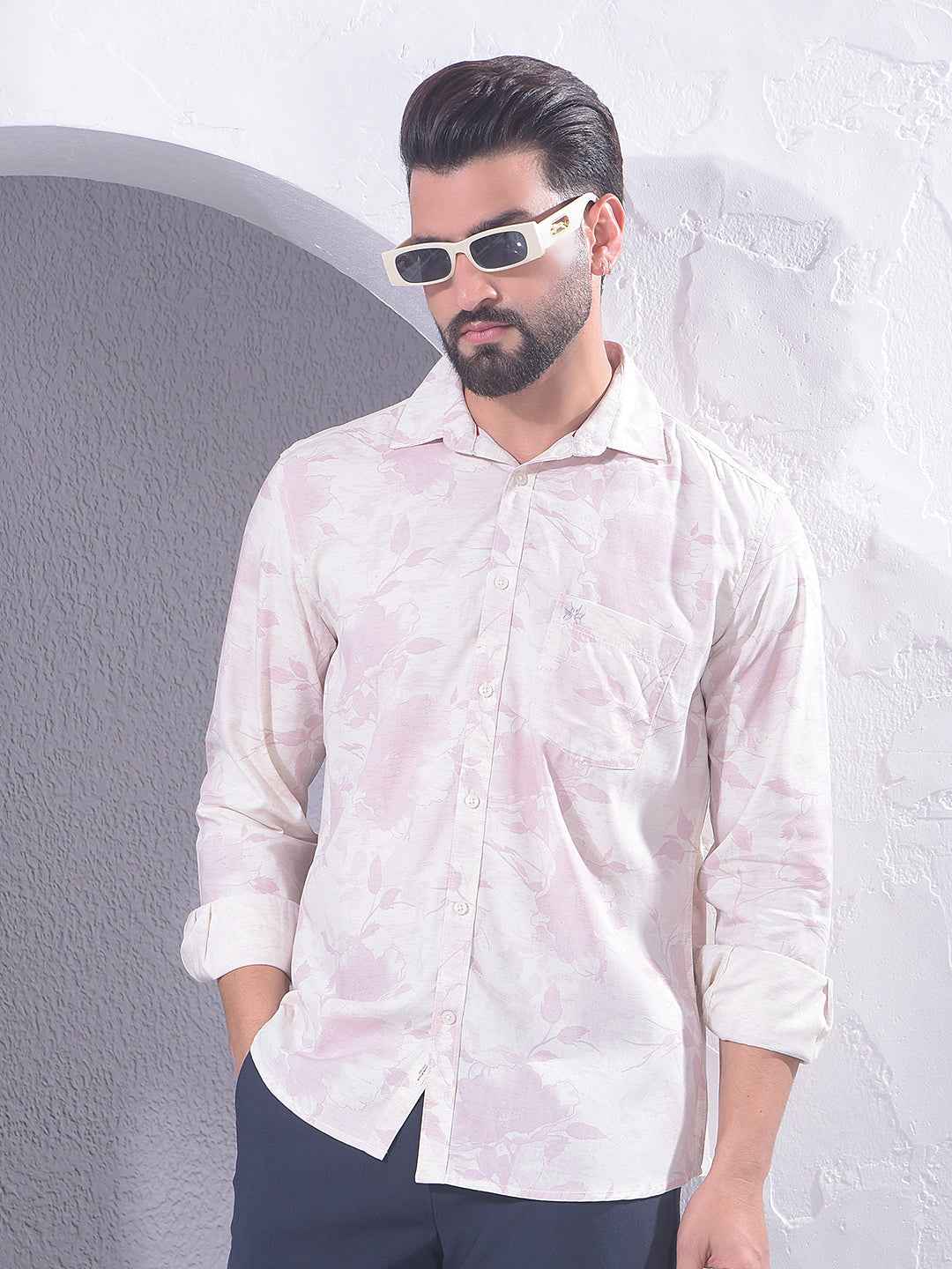 Pink Floral Print Linen Shirt