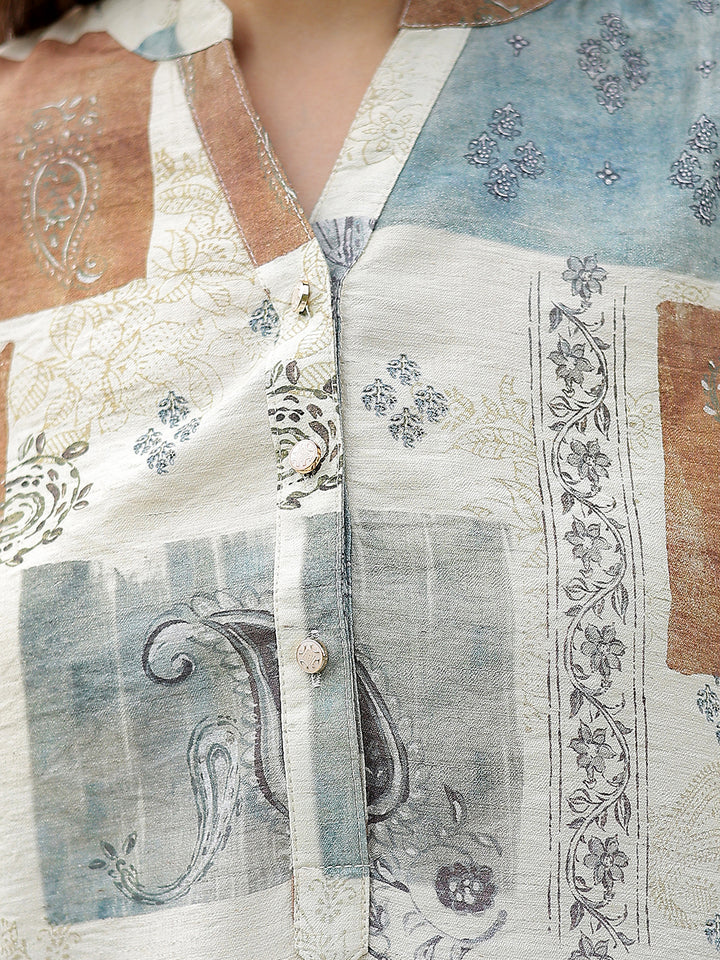Linen Multicolor Graphic Print V-Neck Top