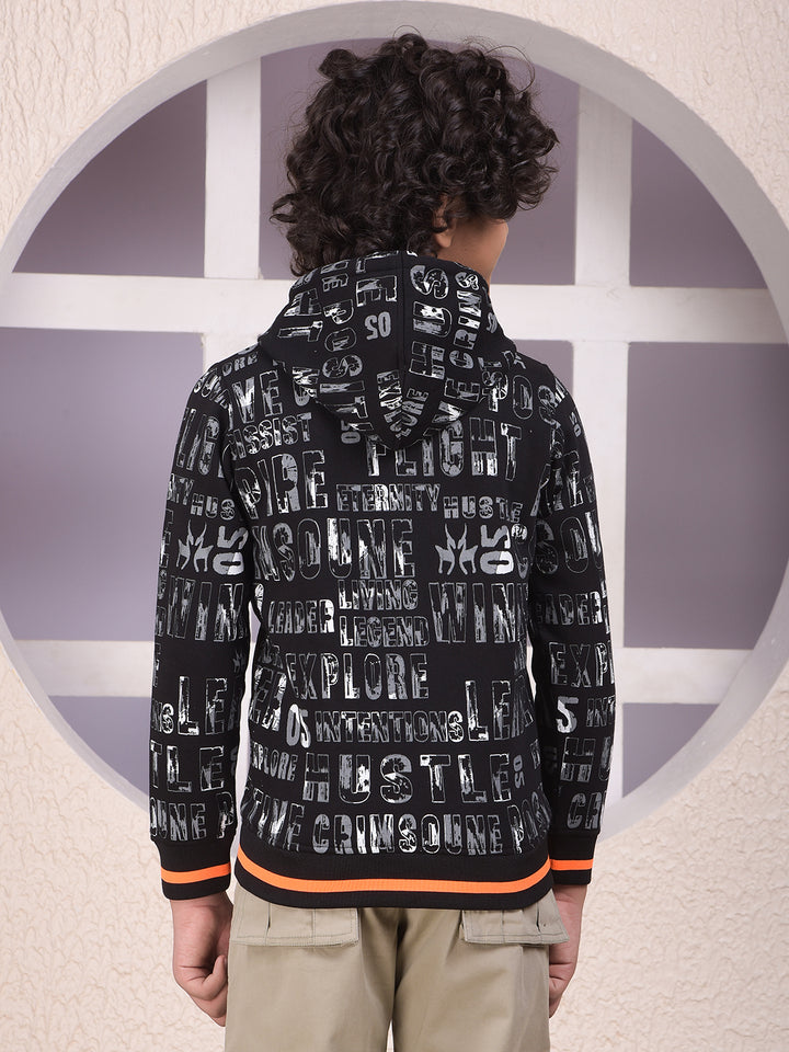 Black Typographic Print Hooded Neck Sweatshirt