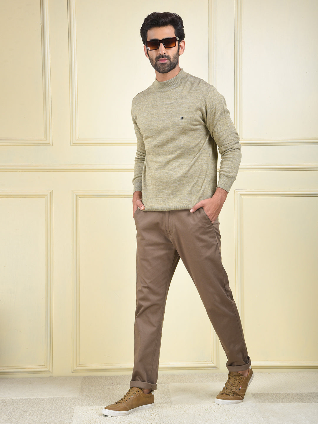 Beige High-Neck Knitted Sweater