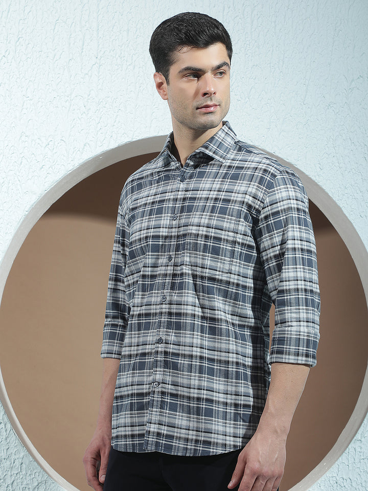 Navy Blue 100% Cotton Checked Shirt