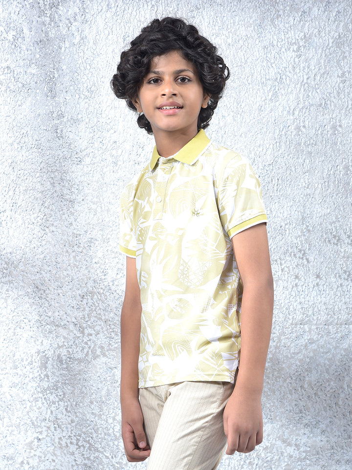 Yellow Floral Print Polo Neck Knitted T-Shirt