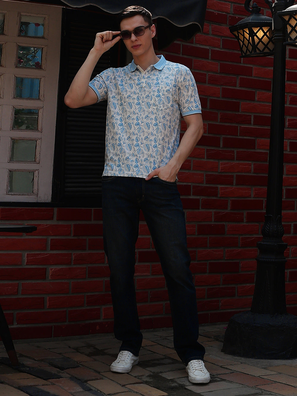 Blue Floral Print Polo Neck T-Shirt