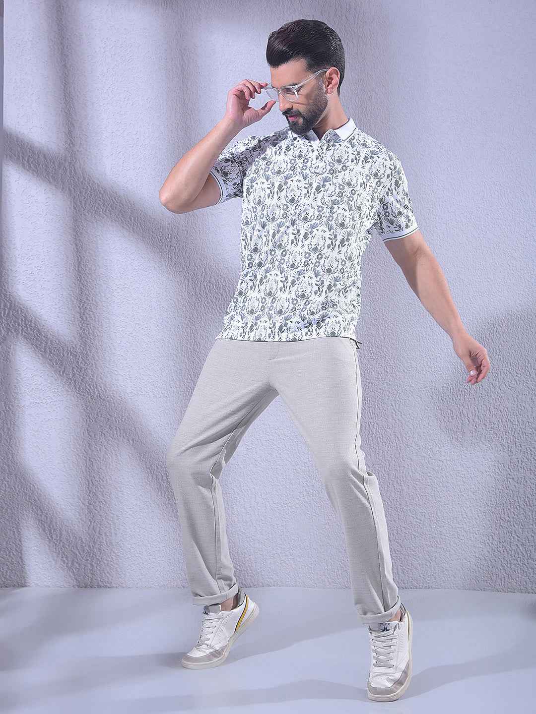 Green Floral Print Polo Neck T-Shirt