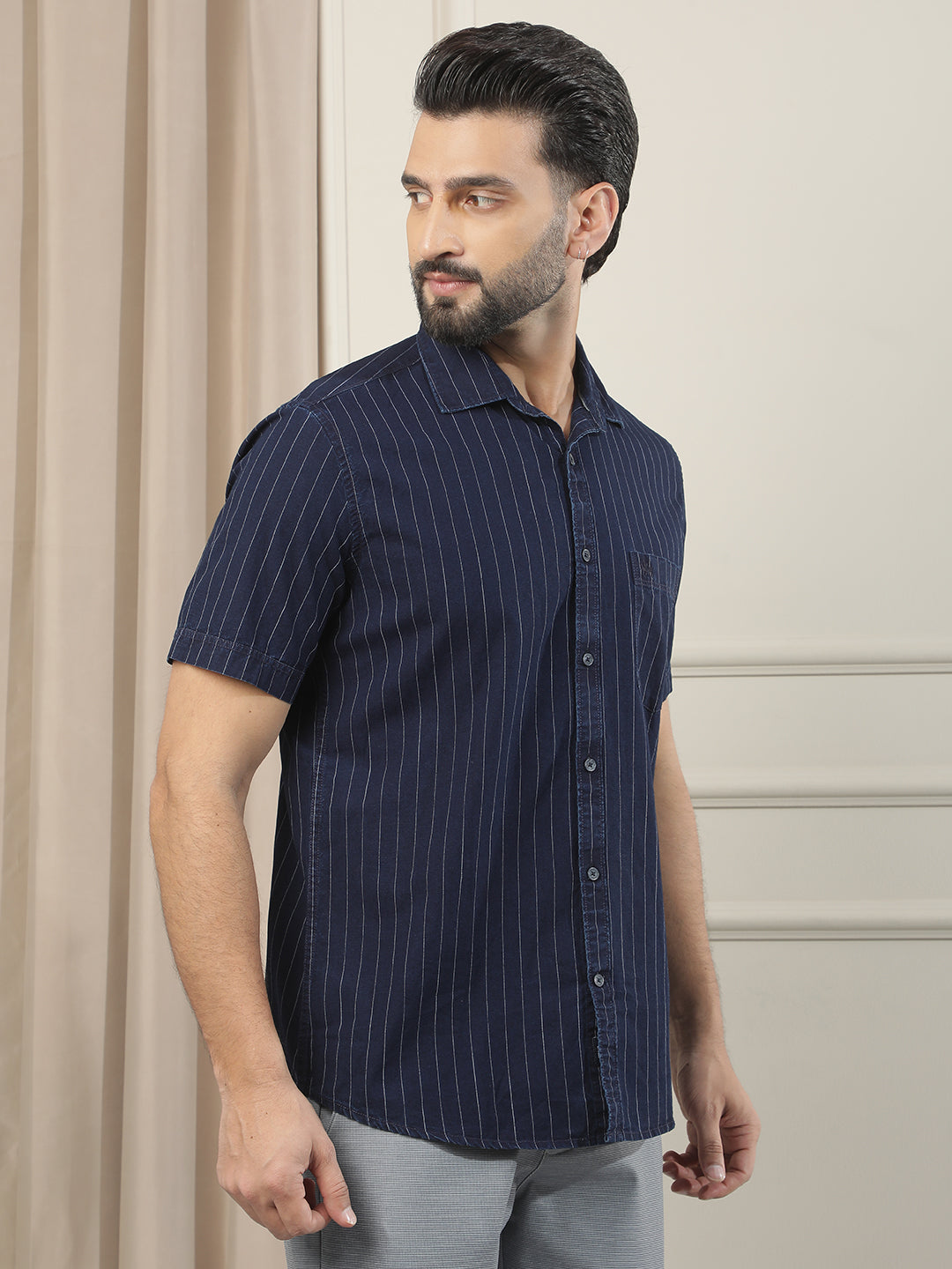 Navy Blue Vertical Striped 100% Cotton Shirt