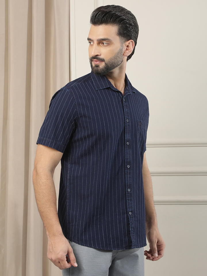 Navy Blue Vertical Striped 100% Cotton Shirt