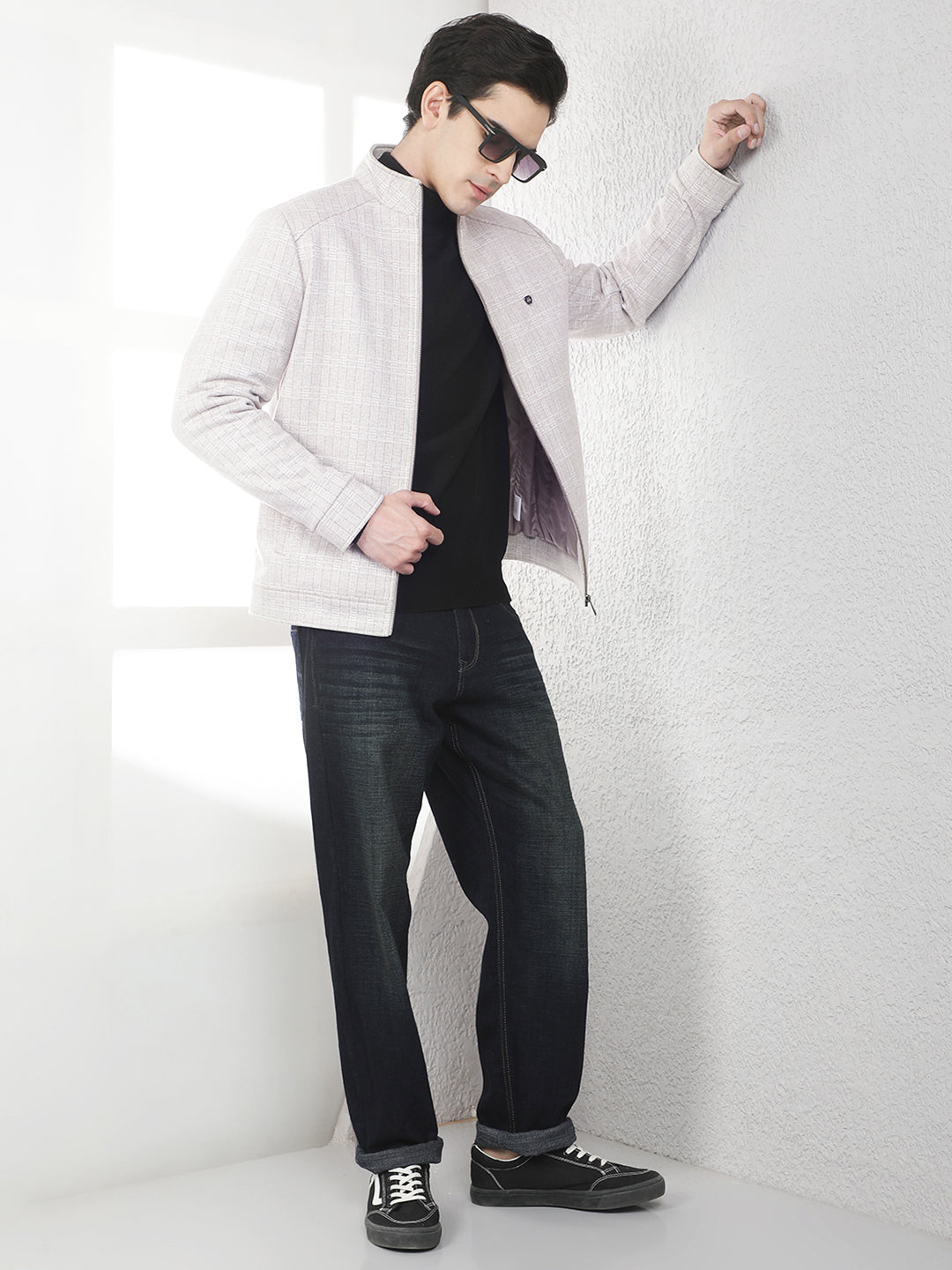 Beige Checked High Neck Tailored Jacket