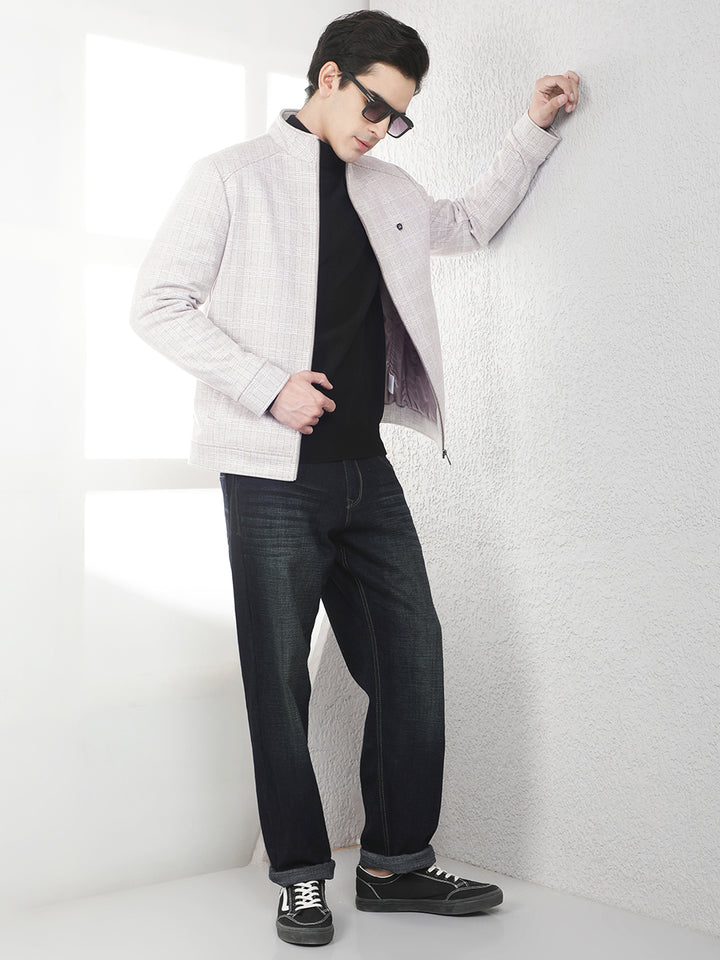 Beige Checked High Neck Tailored Jacket