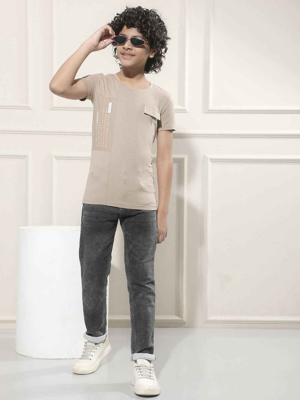 Beige Typographic Print Panelled T-Shirt