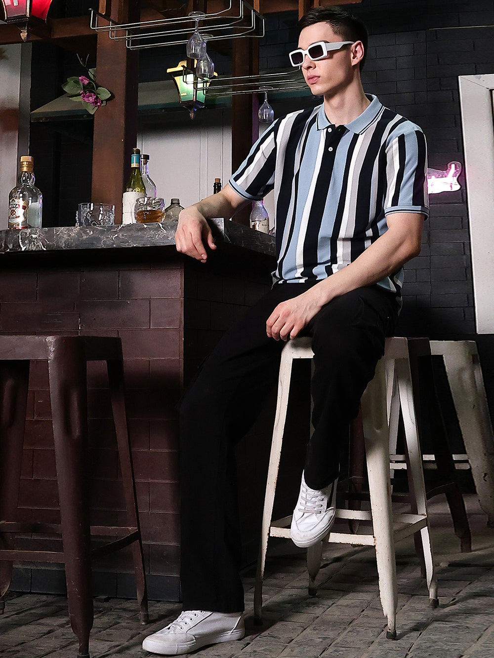 Navy Blue Vertical Striped Polo Neck T-Shirt