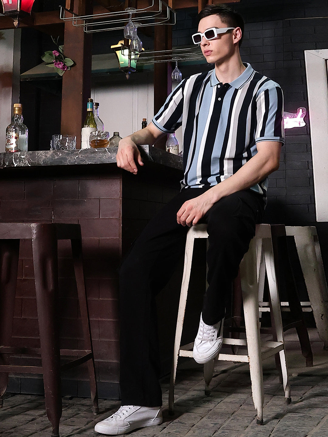 Navy Blue Vertical Striped Polo Neck T-Shirt
