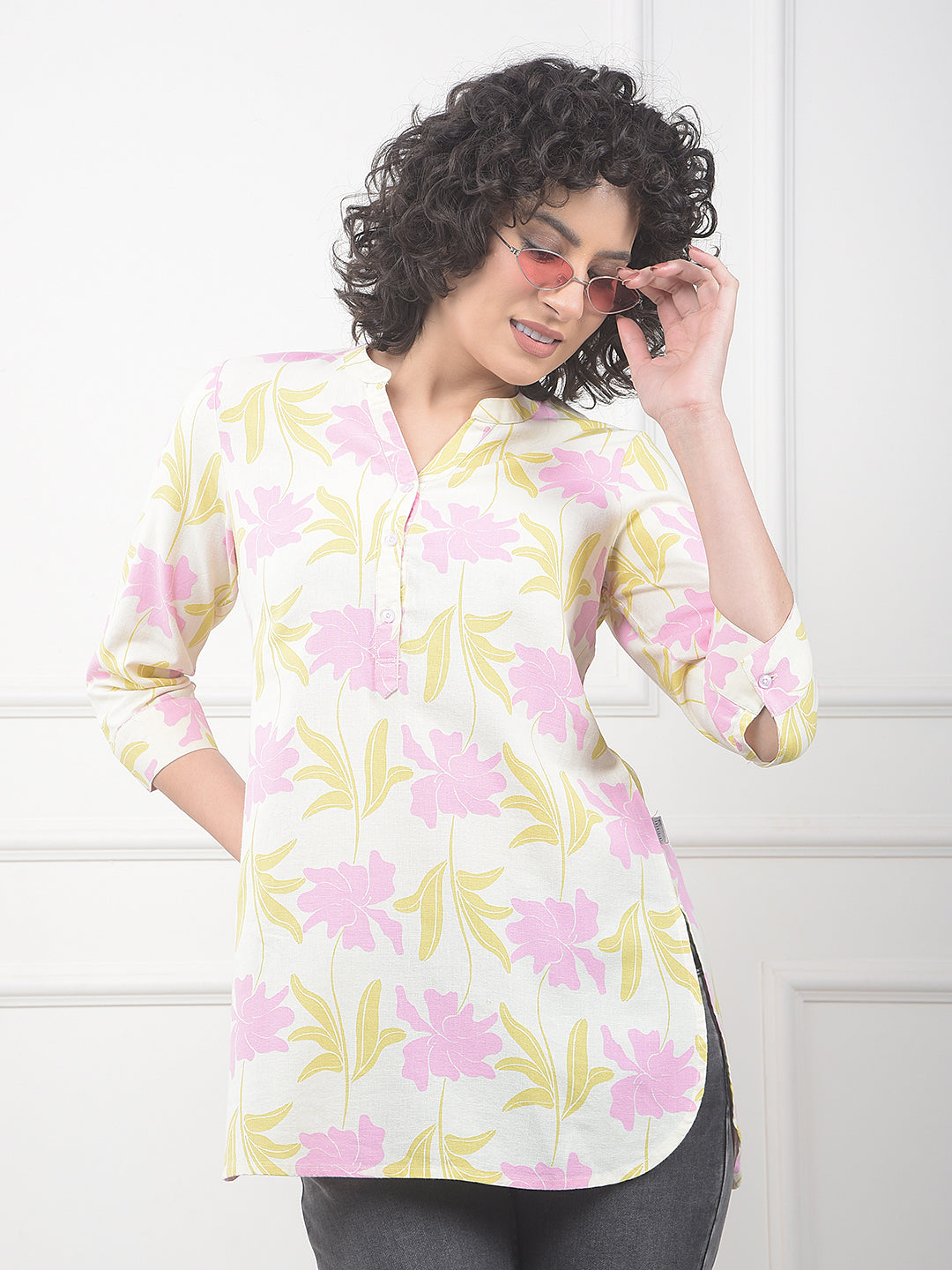 Pink Floral Print V-Neck Linen Top