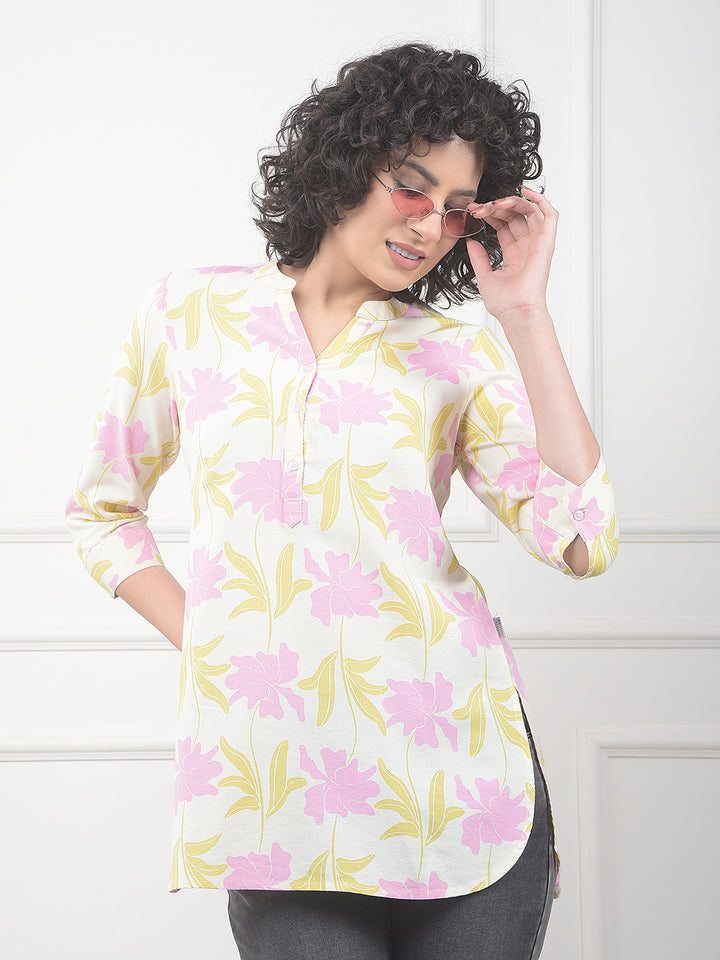 Pink Floral Print V-Neck Linen Top