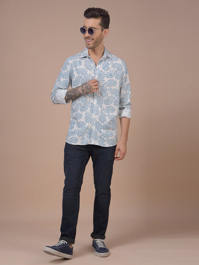 Blue Floral Print Linen Shirt