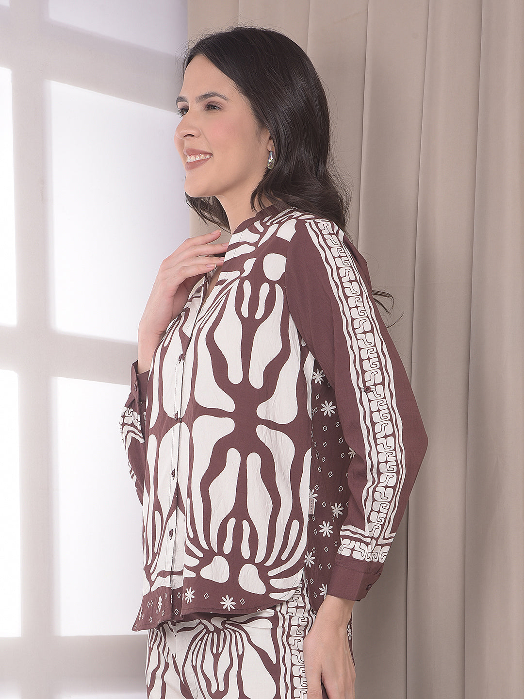 Brown Printed V-Neck Shirt