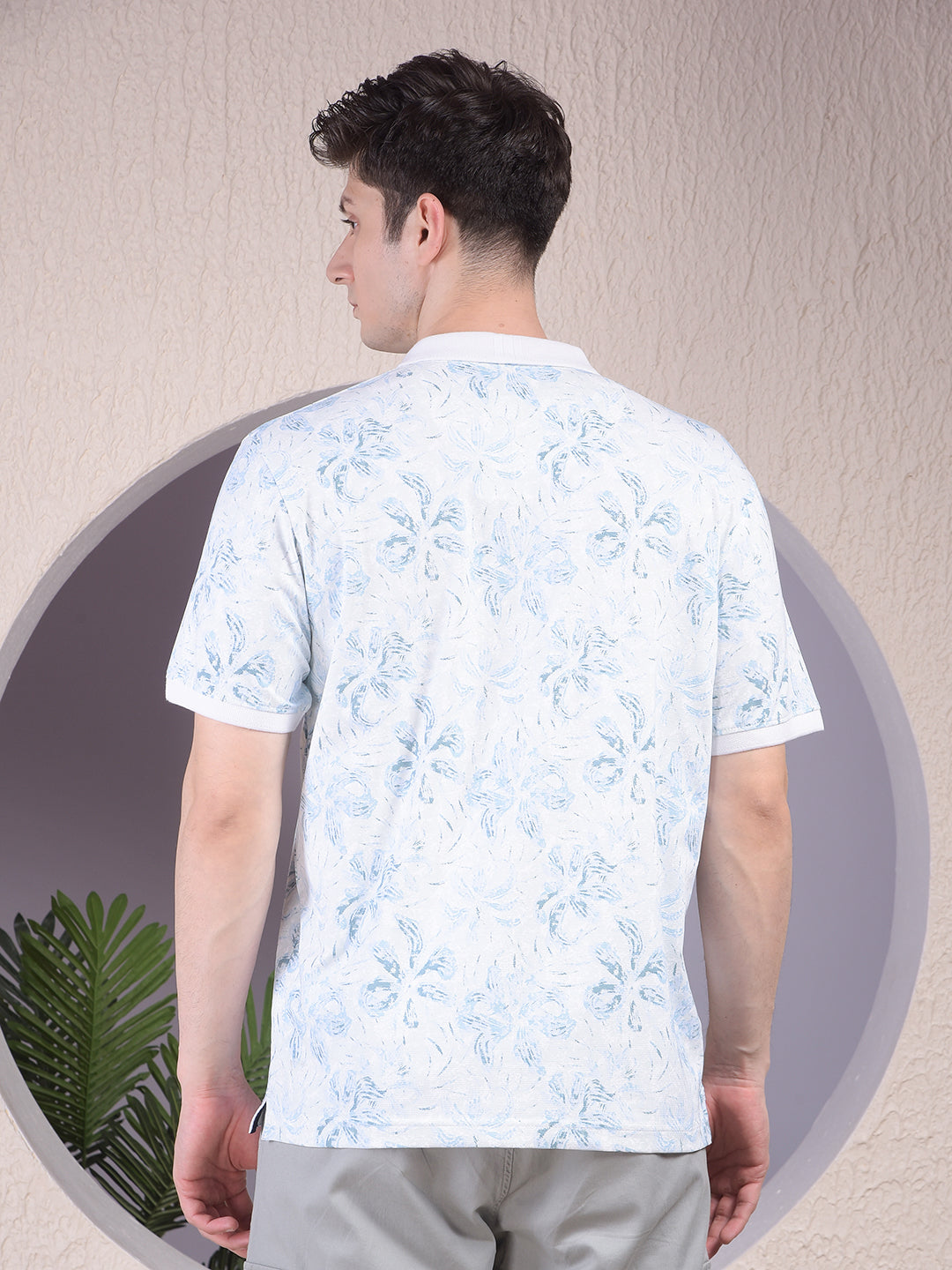 Blue Floral Print Polo-Neck T-Shirt