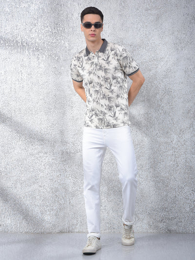 Grey Floral Print Polo Neck T-Shirt