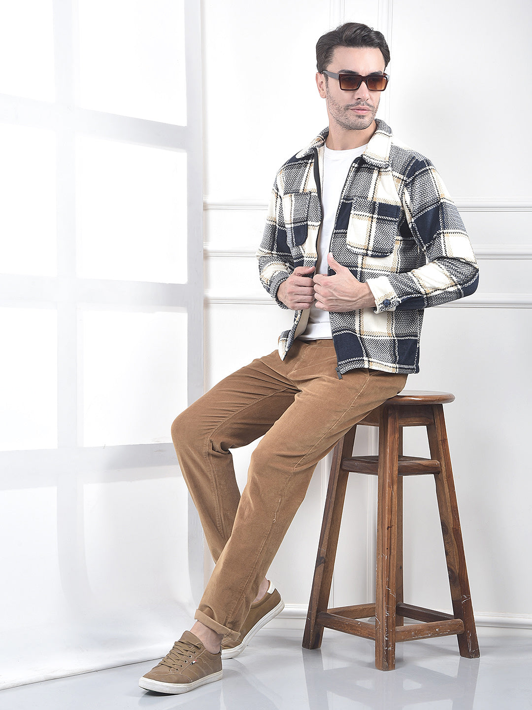 Navy Blue Checked Zip-Up Shacket