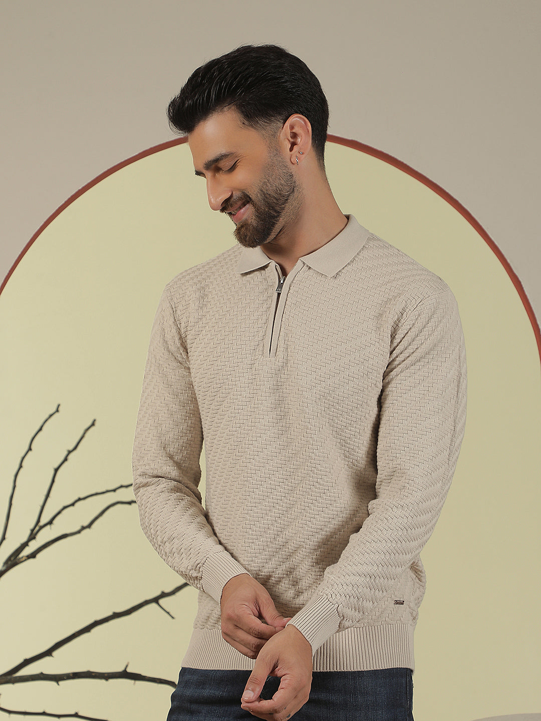 Beige 100% Cotton Knitted Polo Neck Sweater