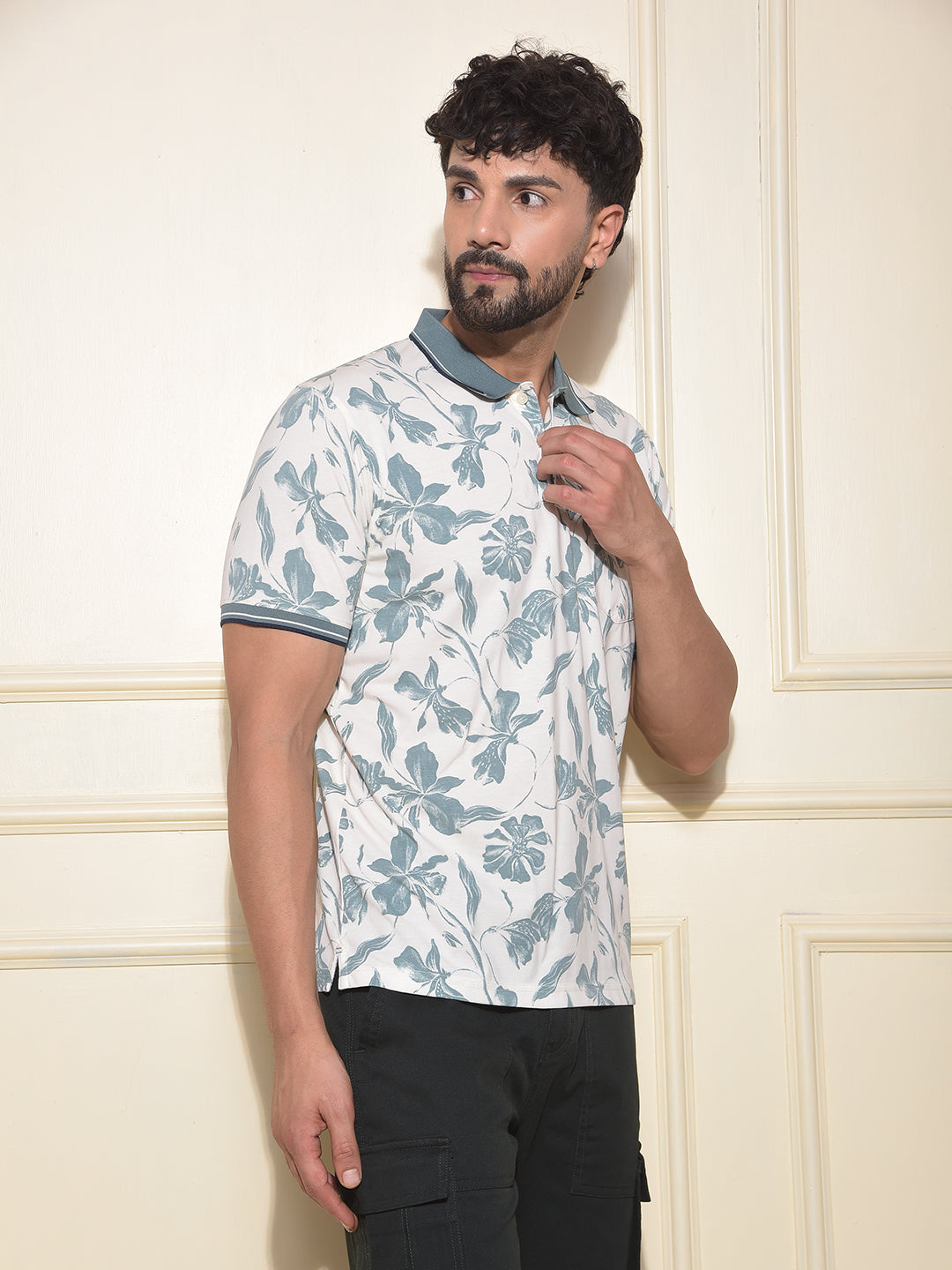 Green Floral Print Polo-Neck T-Shirt