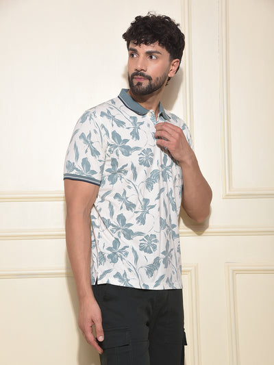 Green Floral Print Polo-Neck T-Shirt