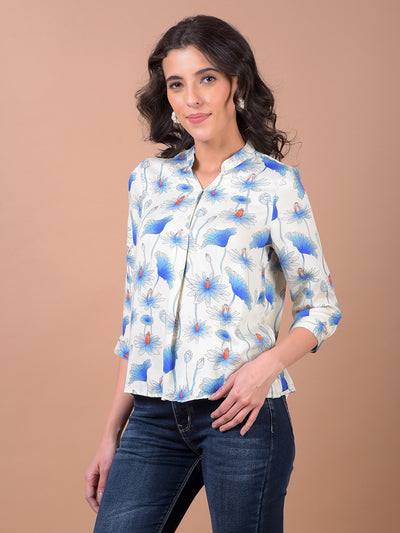 Blue Floral Print V-Neck Top