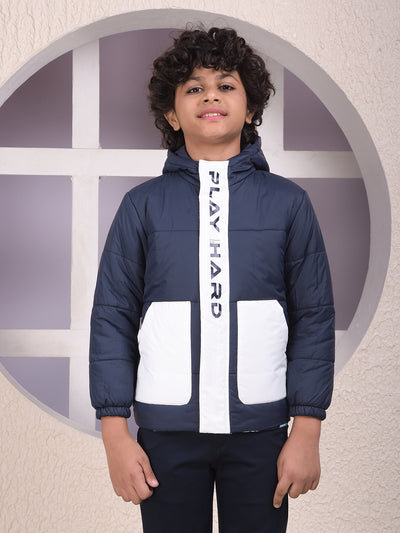 Navy Blue Color-Block Hooded Neck Puffer Jacket