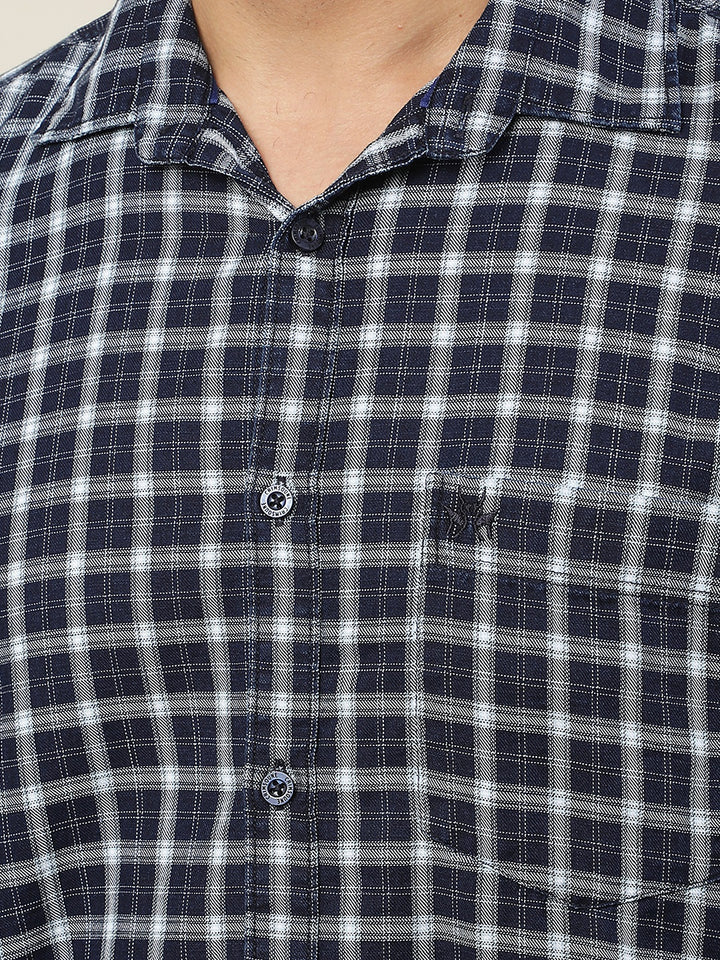 Navy Blue 100% Cotton Checked Shirt