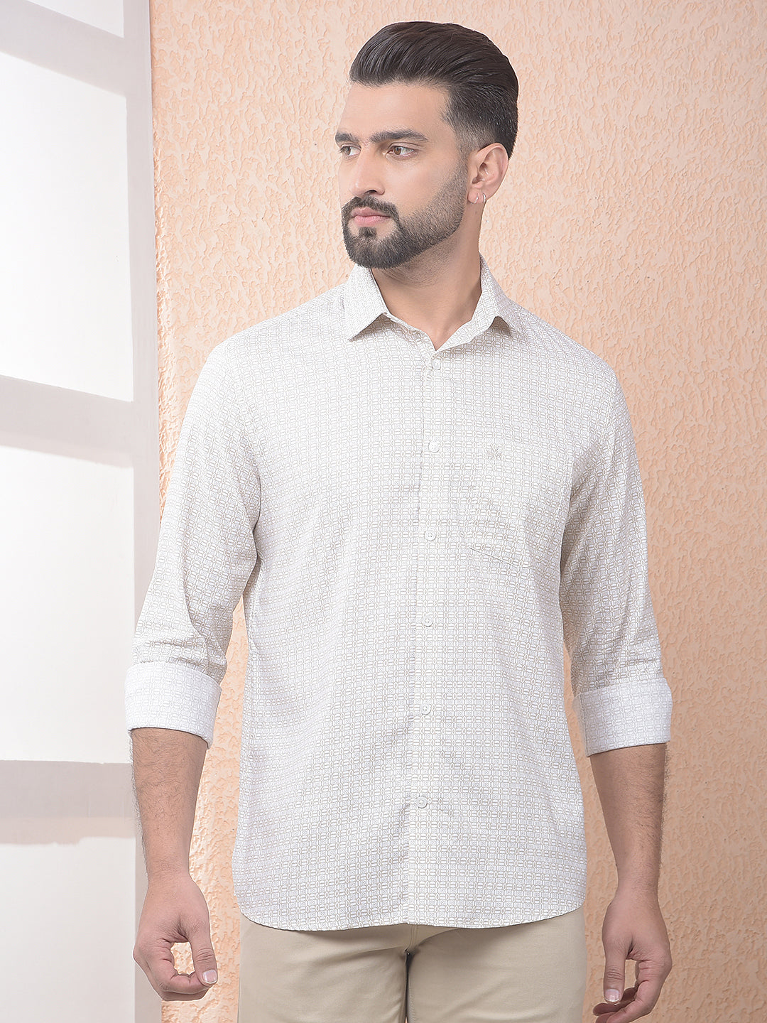 Beige Printed Modal Shirt