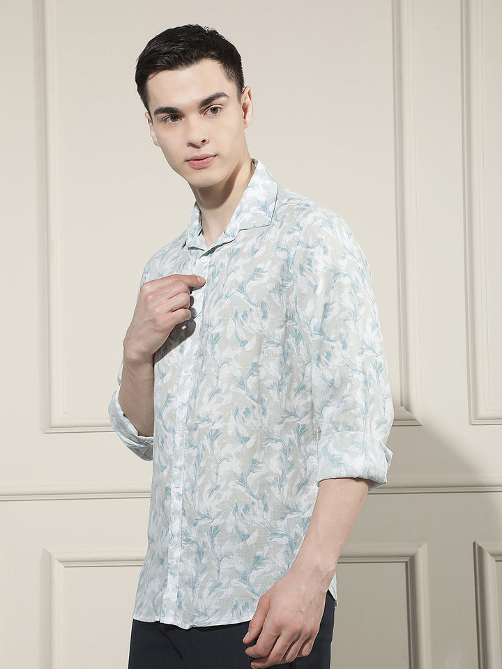 Blue Floral Print Linen Shirt
