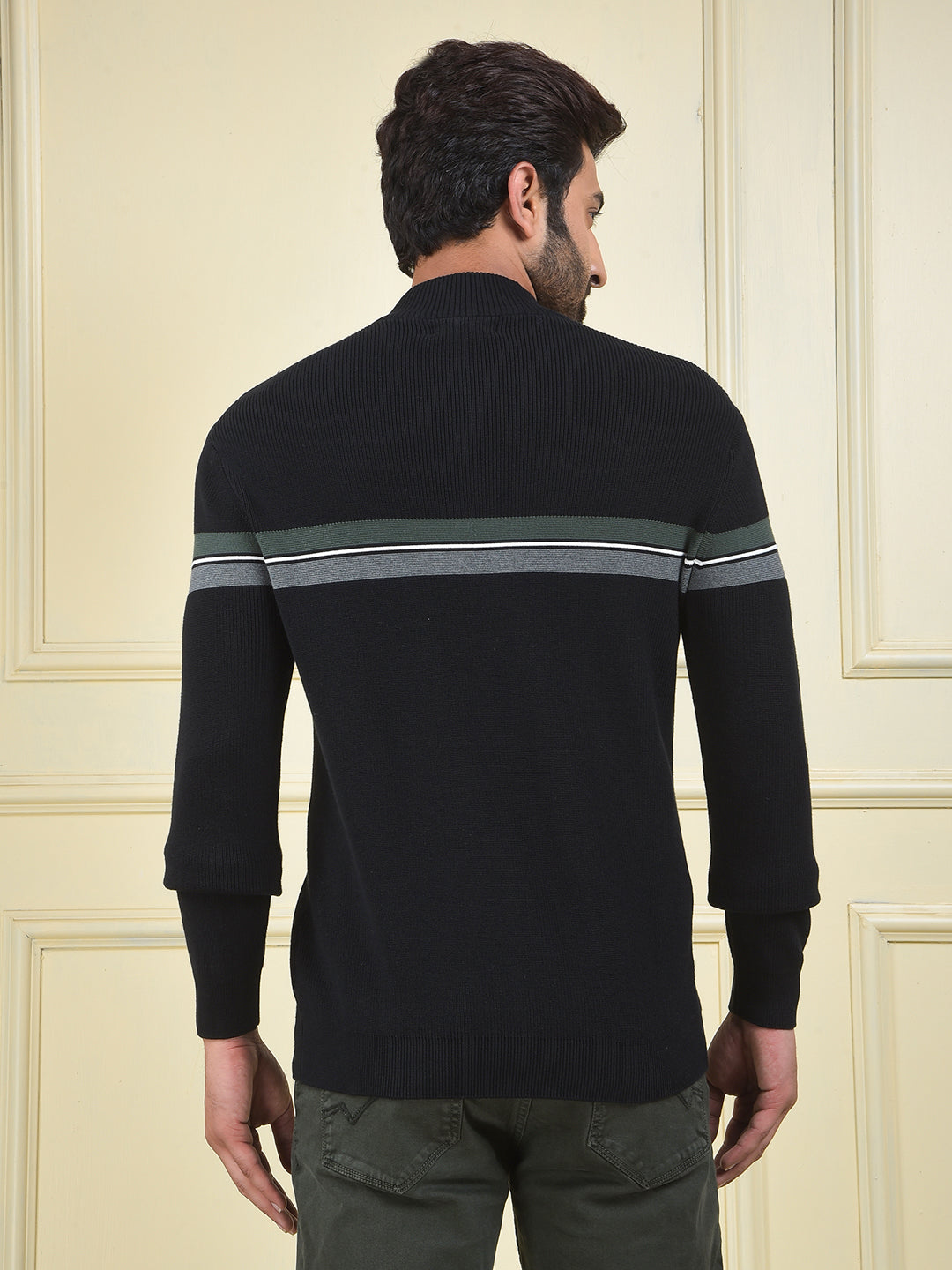 Black Horizontal Stripes High Neck 100% Cotton Sweater