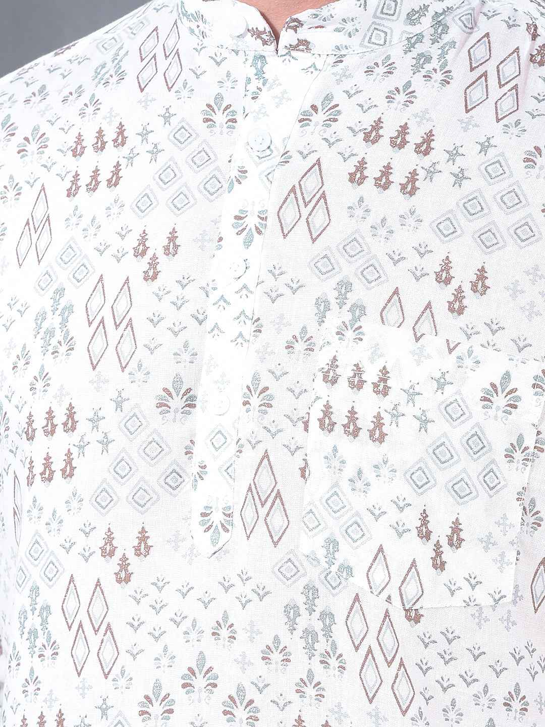 White Printed Linen Kurta