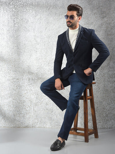 Navy Blue Notched Lapel Single-Breasted Blazer
