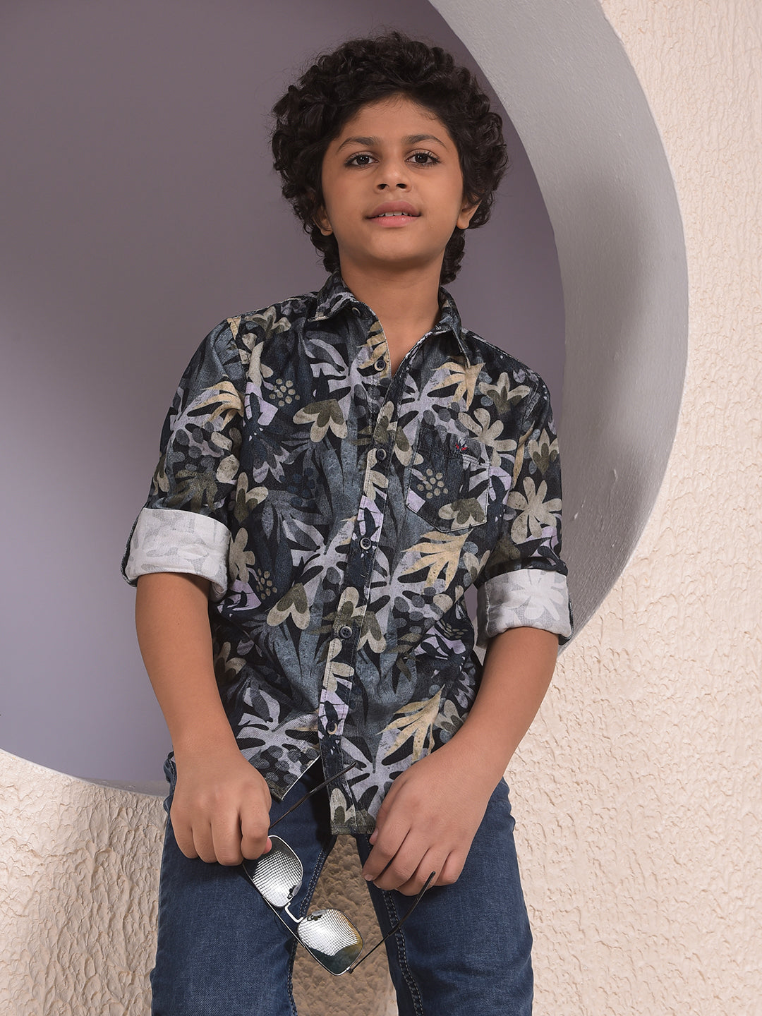 Beige Floral Print 100% Cotton Corduory Shirt