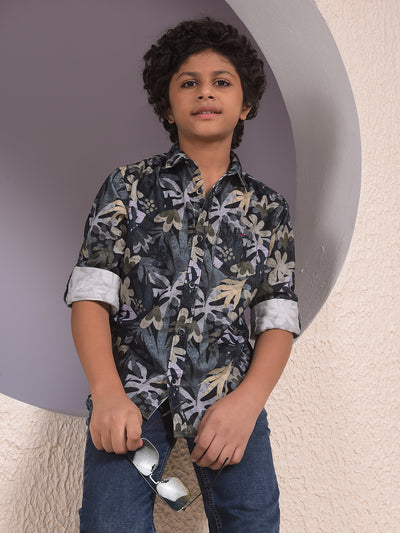 Beige Floral Print 100% Cotton Corduory Shirt