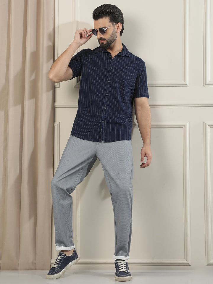 Navy Blue Vertical Striped 100% Cotton Shirt