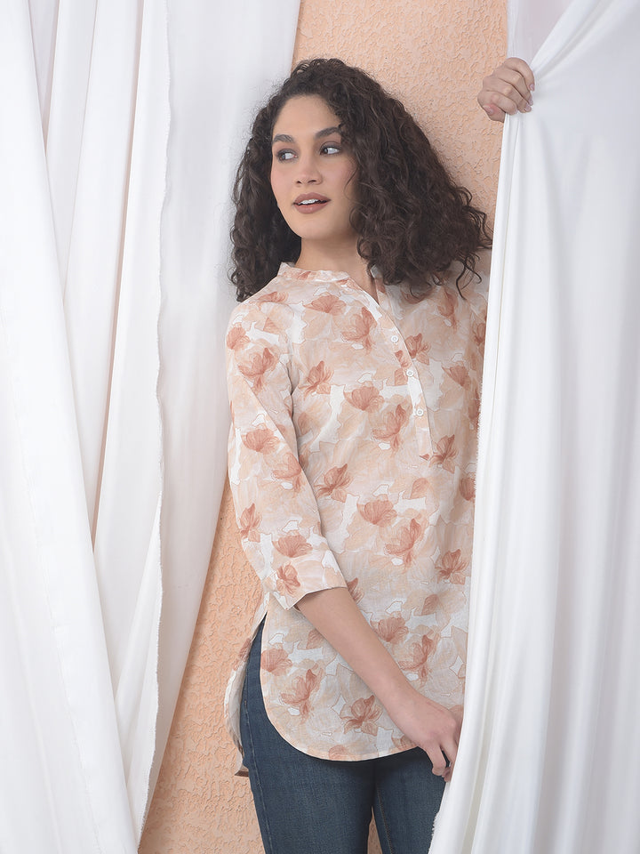 Beige Floral Printed Tunic Linen Top
