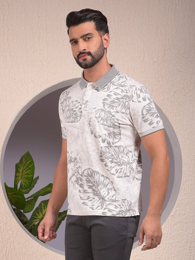 Grey Floral Print Polo Neck T-Shirt