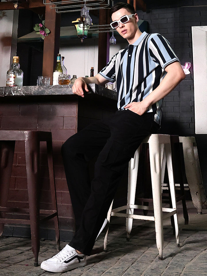 Navy Blue Vertical Striped Polo Neck T-Shirt