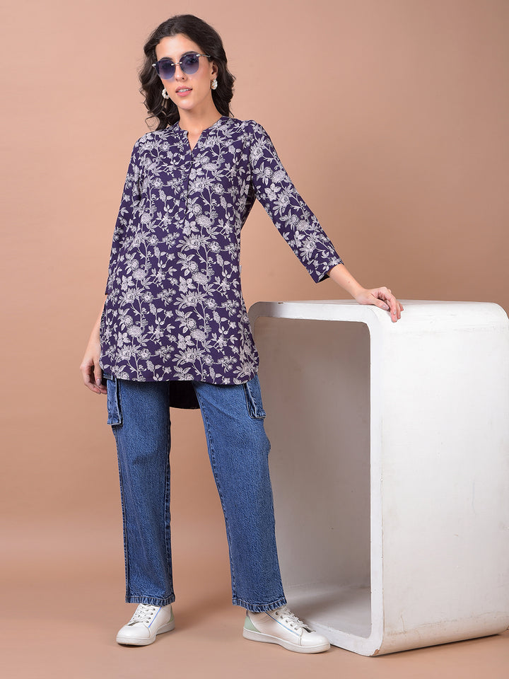 Purple Floral Print V-Neck Top