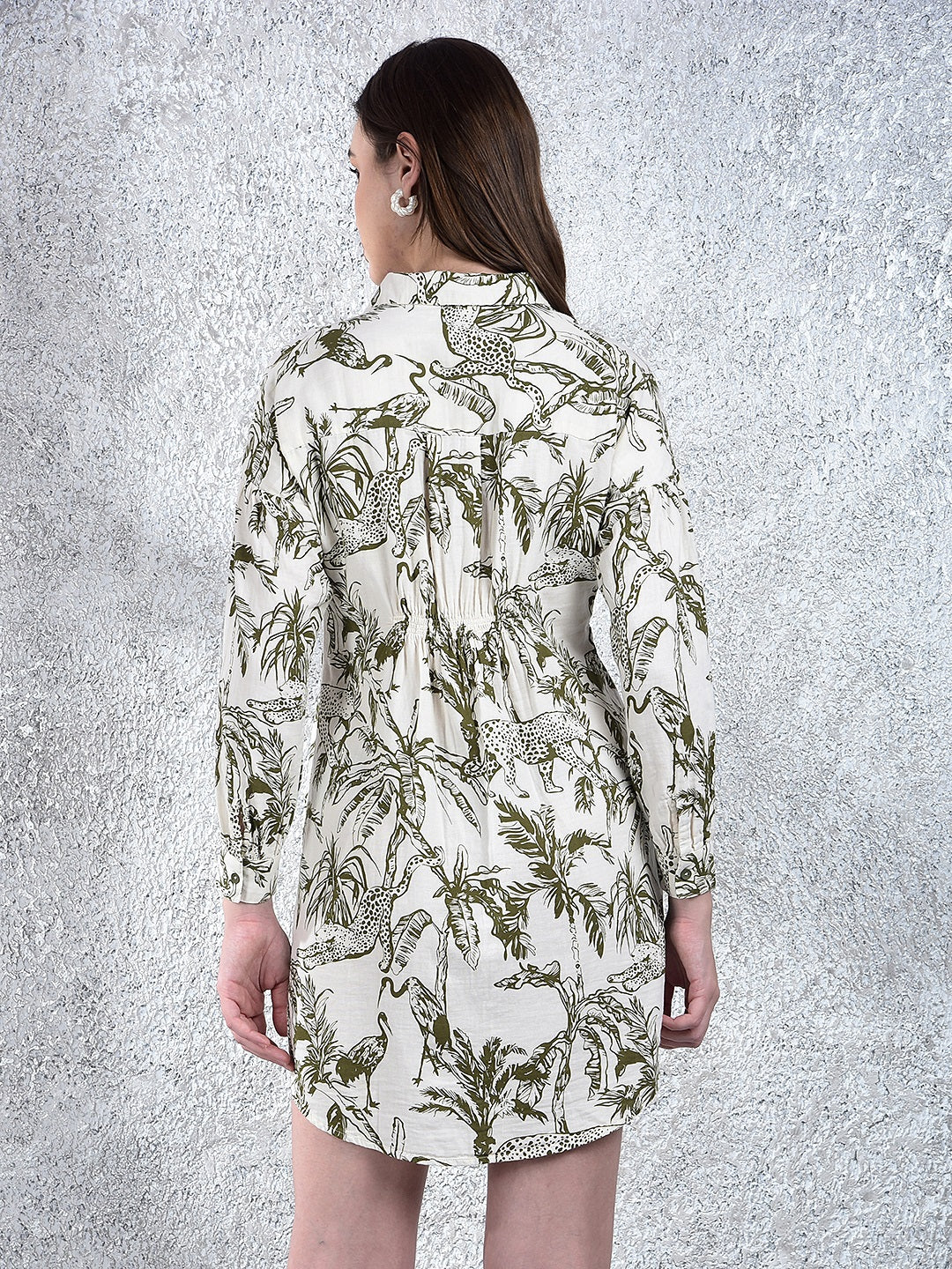 Olive Floral Print 100% Cotton Mini Shirt-Dress