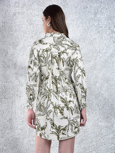 Olive Floral Print 100% Cotton Mini Shirt-Dress