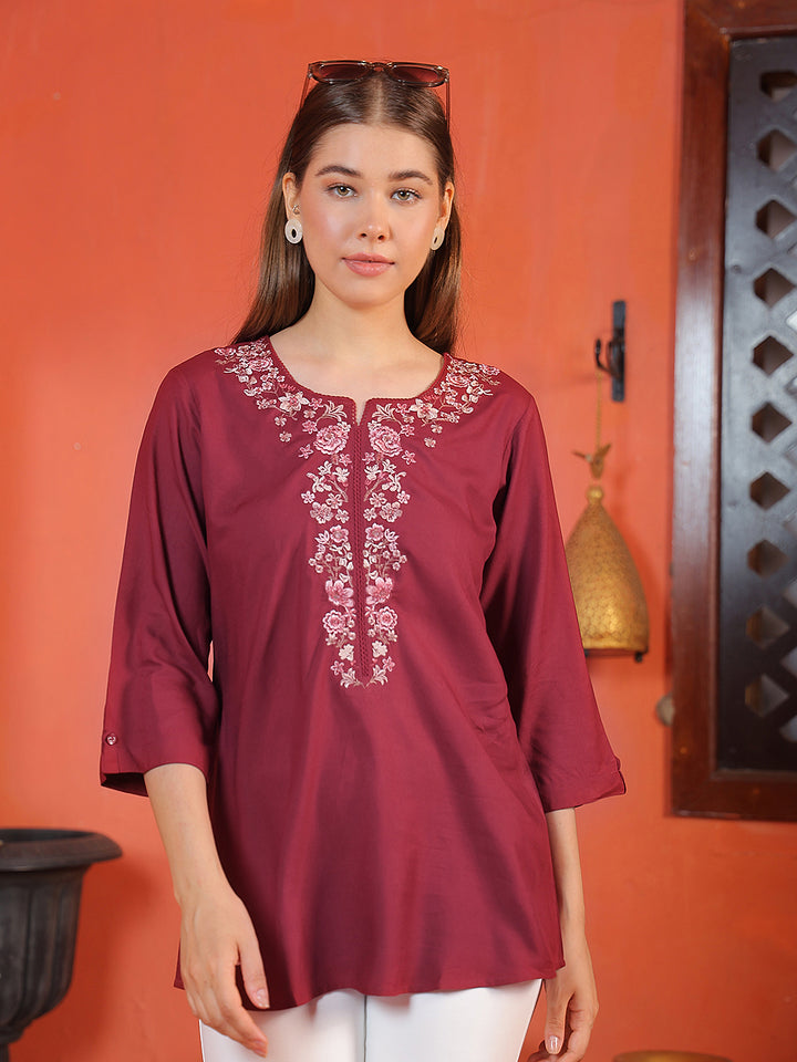 Maroon Embroidered Crew Neck Top